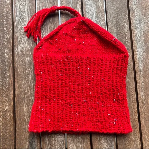 Melt the Ice Red Sparkle Hat with Tassel hand knit - Picture 2 of 3